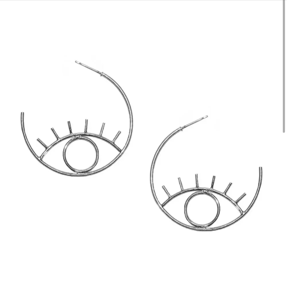 Marlyn Schiff Silver Tone Eyelash Hoop Earrings Eye Graphic Boho